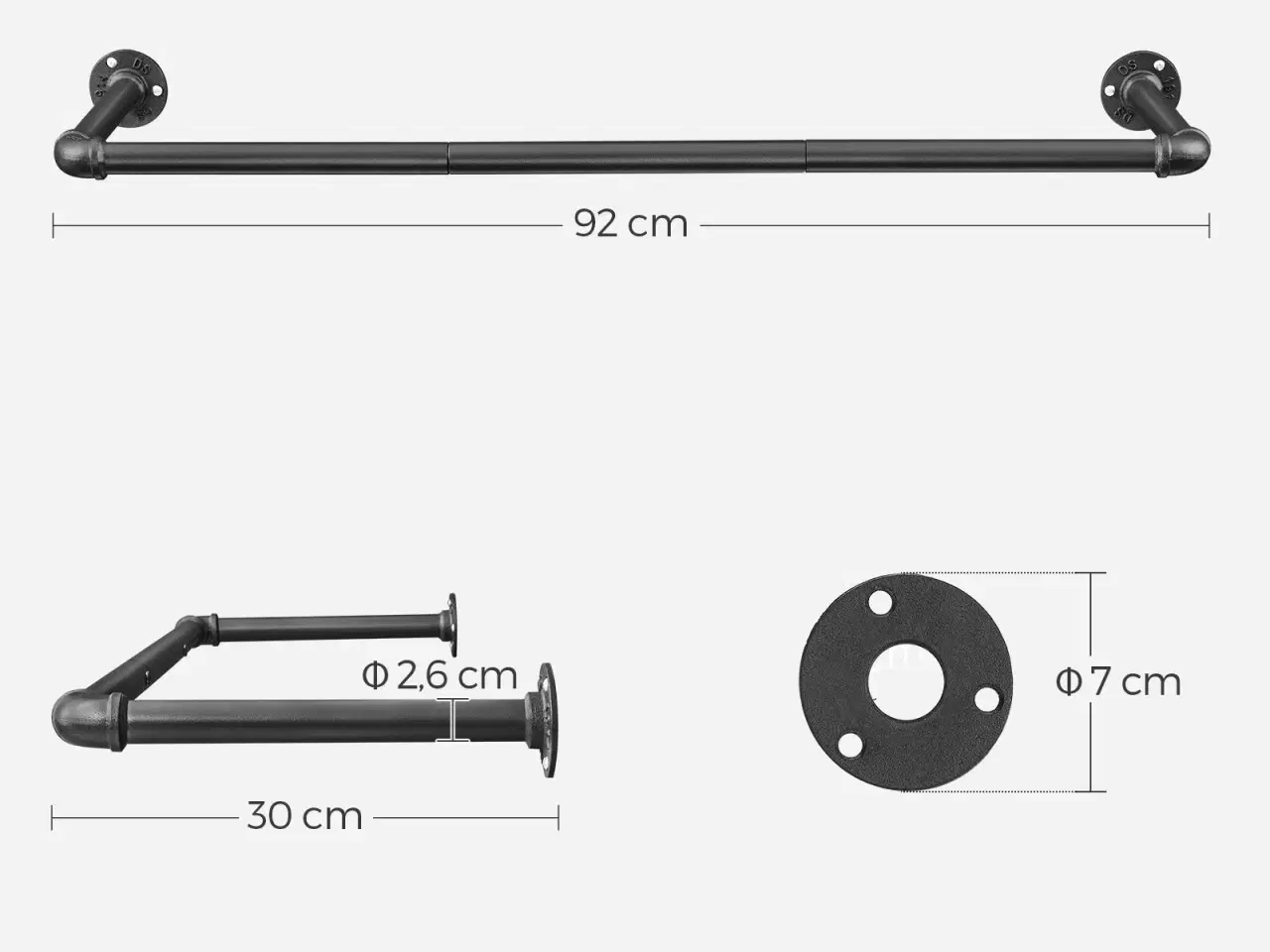 Billede 5 - Tøjstang væghængt sæt af 2, industrielt rørdesign, pladsbesparende, 92 × 30 × 7,5 cm, sort