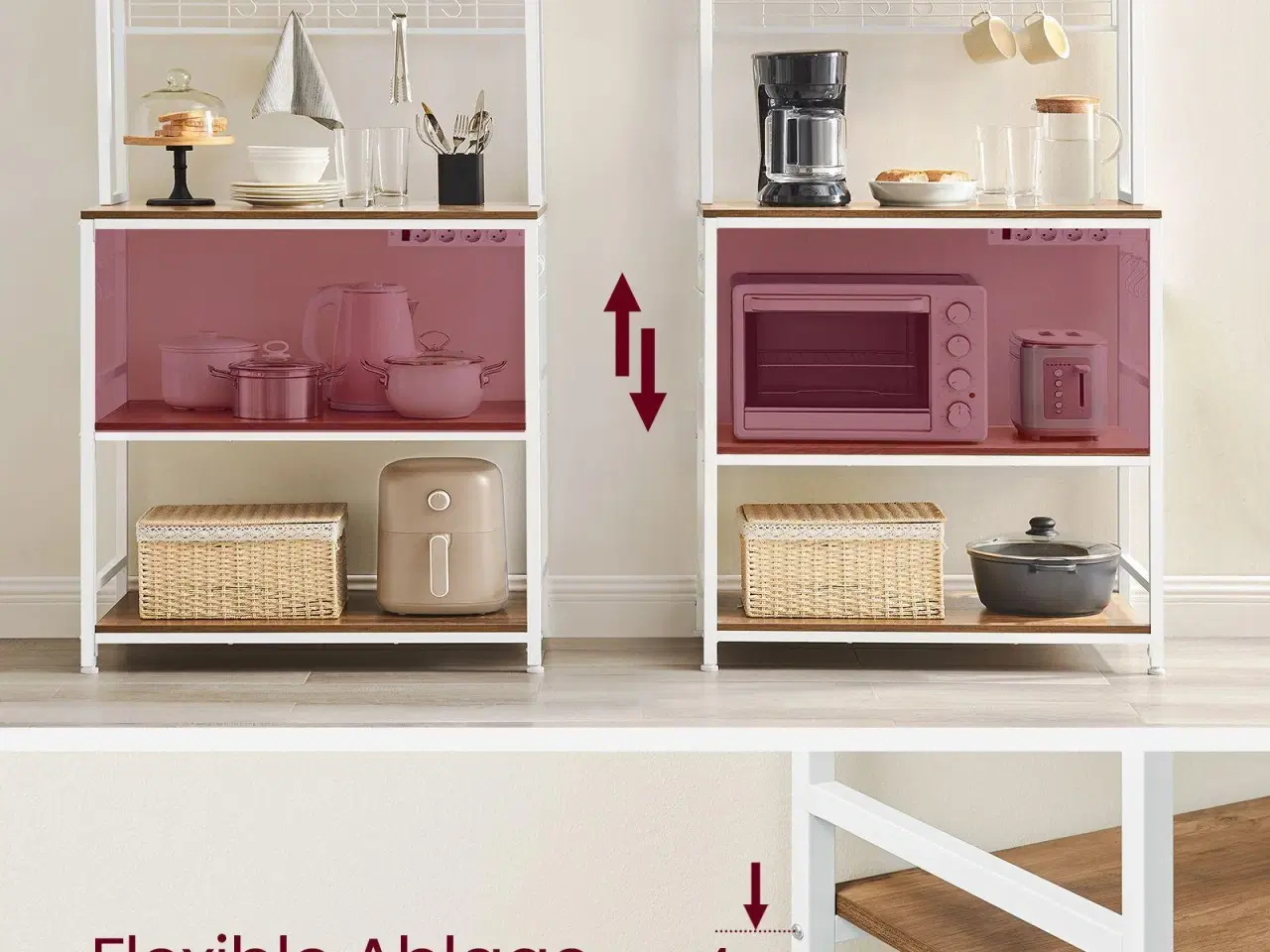 Billede 5 - Køkkenreol med stikdåse mikrobølgeovnshylde med gitter, 14 kroge, 40 × 80 × 170 cm, vintage brun/hvid