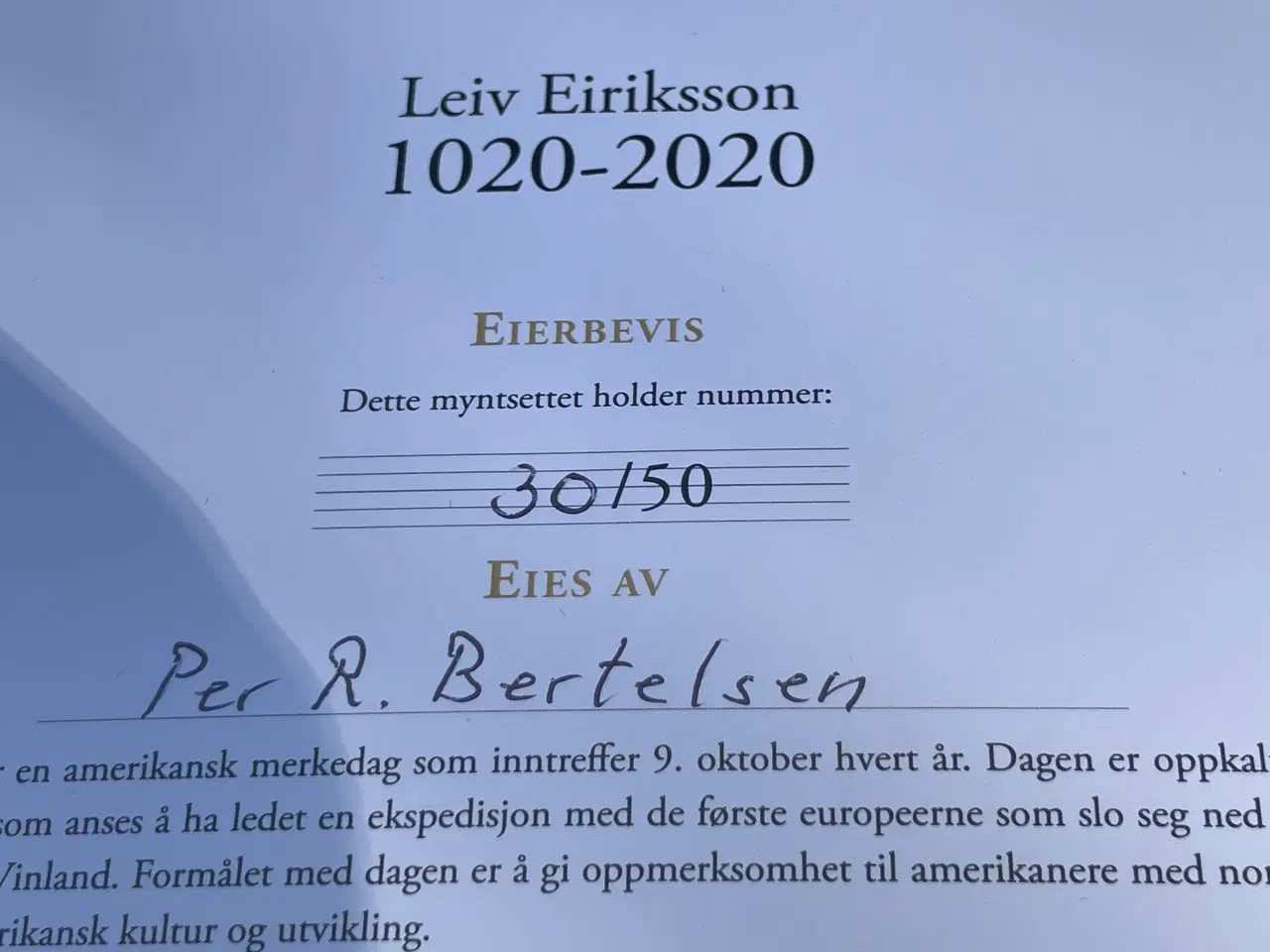 Billede 4 - Leiv Eriksson myntsæt, guld medalja 7,78 gr. (375)
