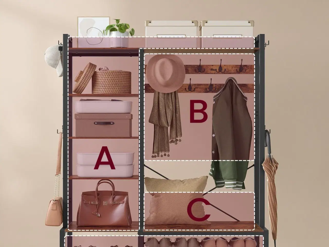 Billede 4 - Entrémøbel med bænk og skohylde 140 × 120 × 190 cm, vintagebrun/sort