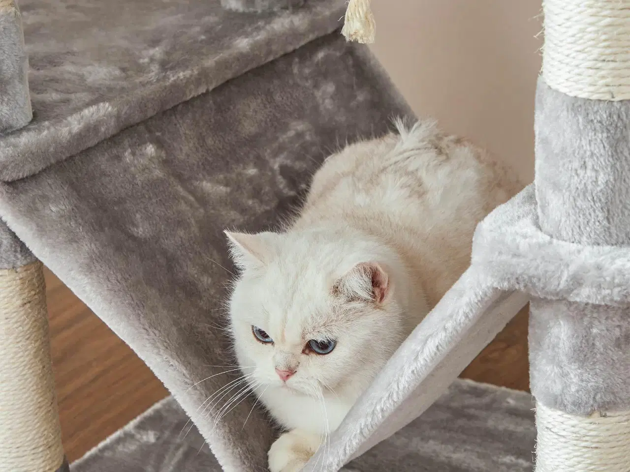 Billede 4 - Klatretræ til kat – FEANDREA, 206 cm høj med 13 kradsepæle, rampe, 2 udkigsplatforme og 2 huler, kurv, hængekøje og pomponer, lysegrå