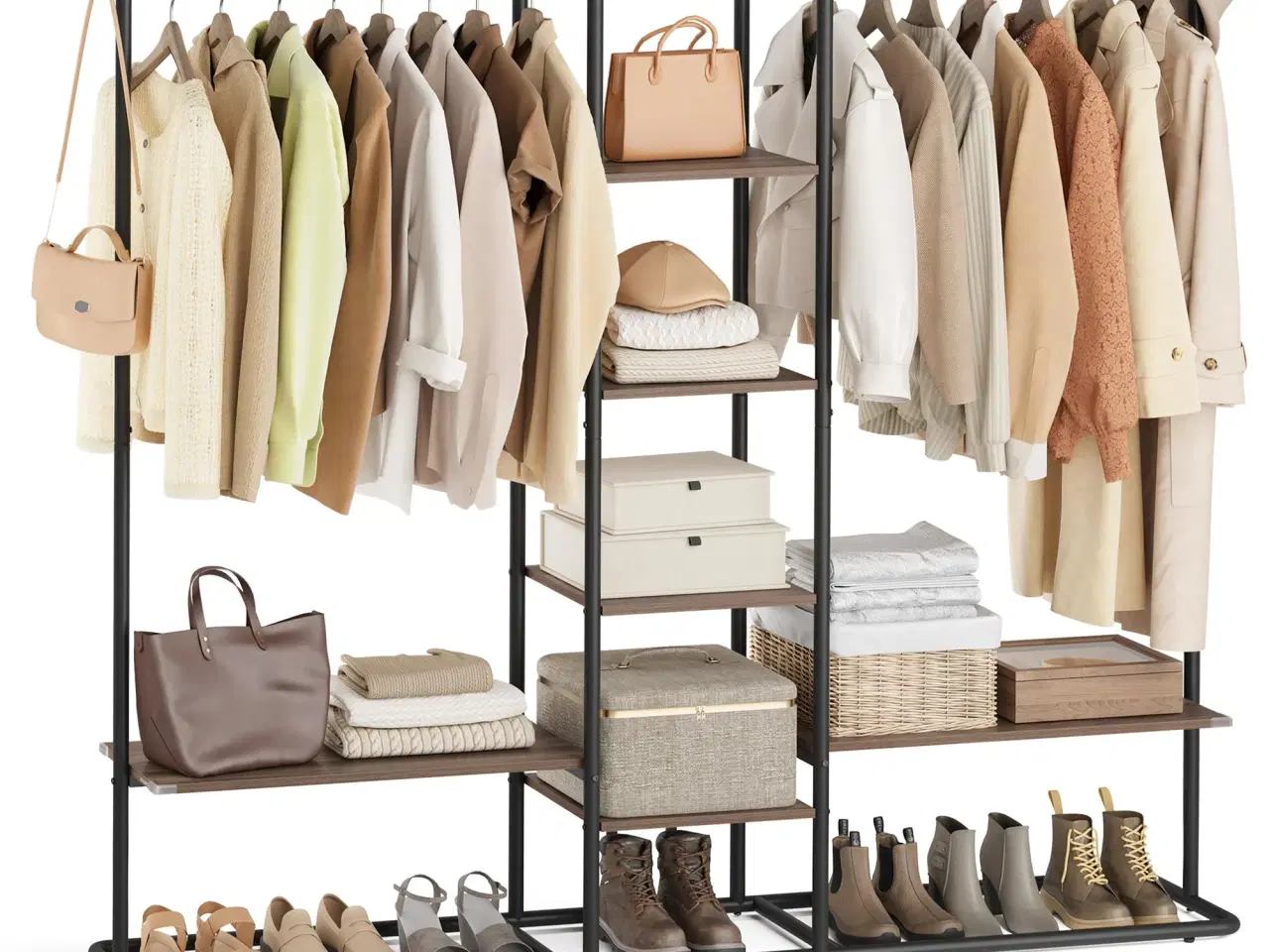 Billede 1 - Tøjstativ med hylder HOME, 2 bøjlestænger, 6 opbevaringshylder, kroge, natur valnød/sort