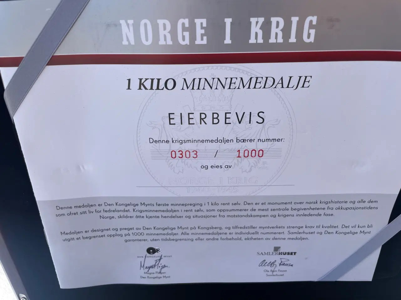 Billede 2 - 1 KG norsk 999 sølv, Anden verdenskrig mindemønt