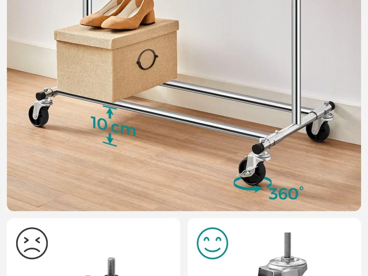 Billede 4 - Tøjstativ på hjul kraftig model, udtrækkelig bøjlestang, 90 kg, sølv