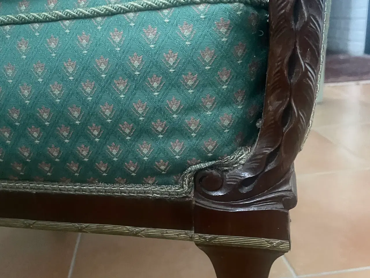 Billede 3 - Lænestol, mahogni og nyt betræk. Fine messingbslag