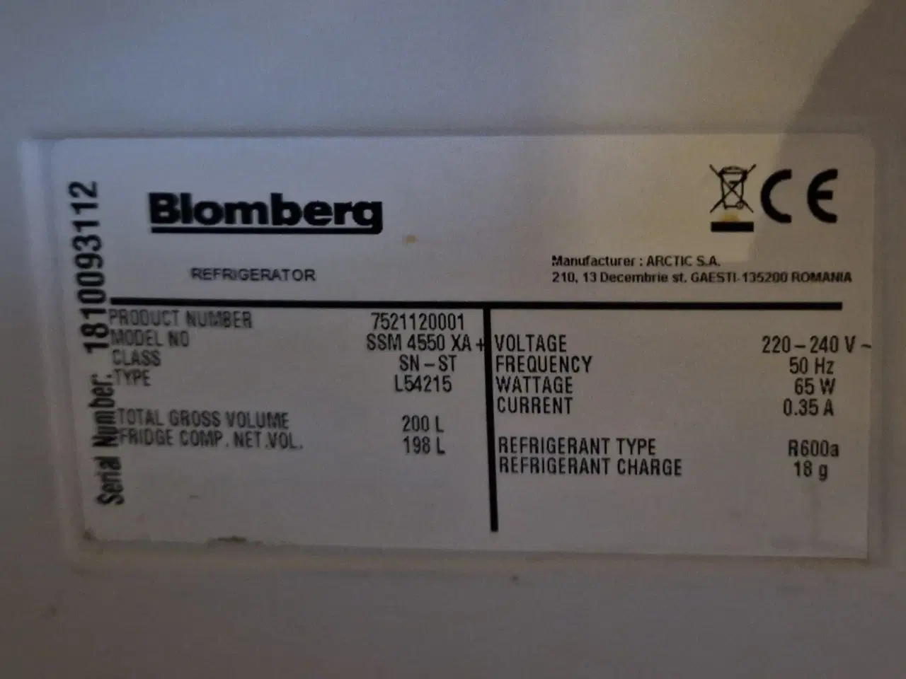 Billede 1 - Blomberg køleskab 200 liter