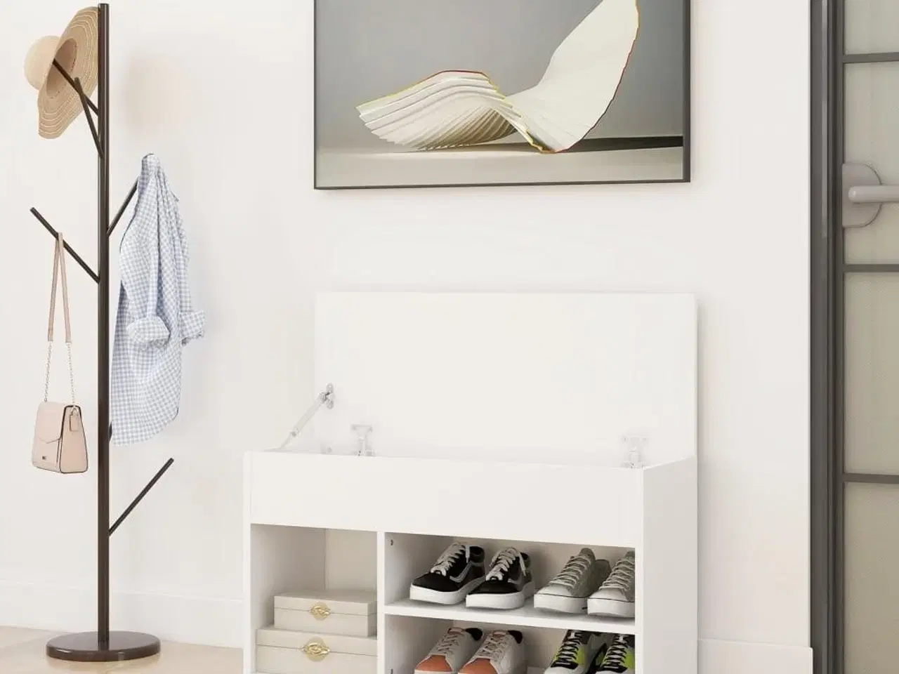 Billede 3 - Skobænk 80x30x45 cm konstrueret træ hvid