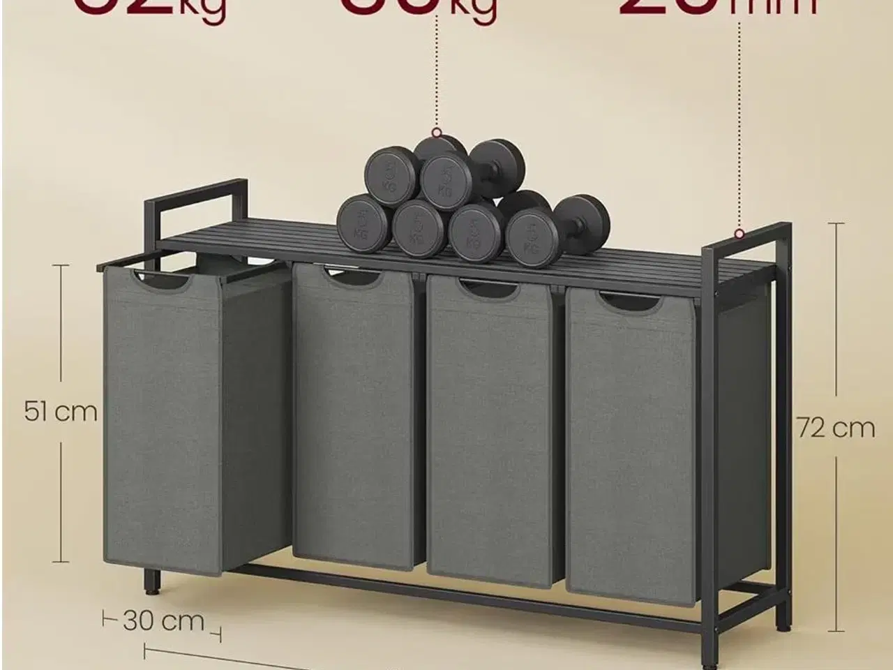 Billede 8 - Vasketøjskurv med 4 rum udtrækkelige poser, hylde, metalstel, 4 × 40 l, 116 × 33 × 72 cm, sort/grå