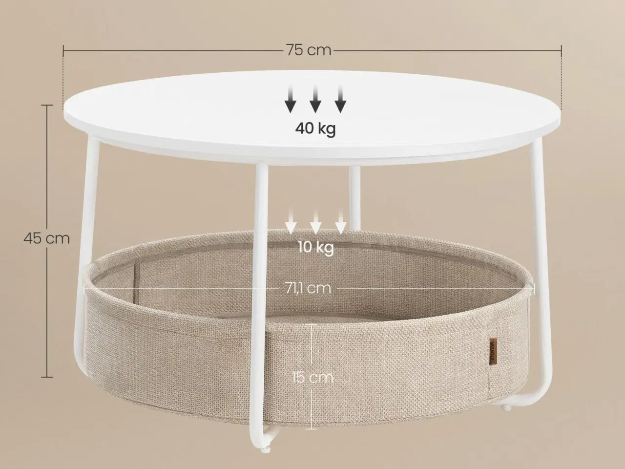 Billede 7 - Sofabord rund med opbevaring – VASAGLE, stofkurv, metalstel, mat hvid/kamelbrun