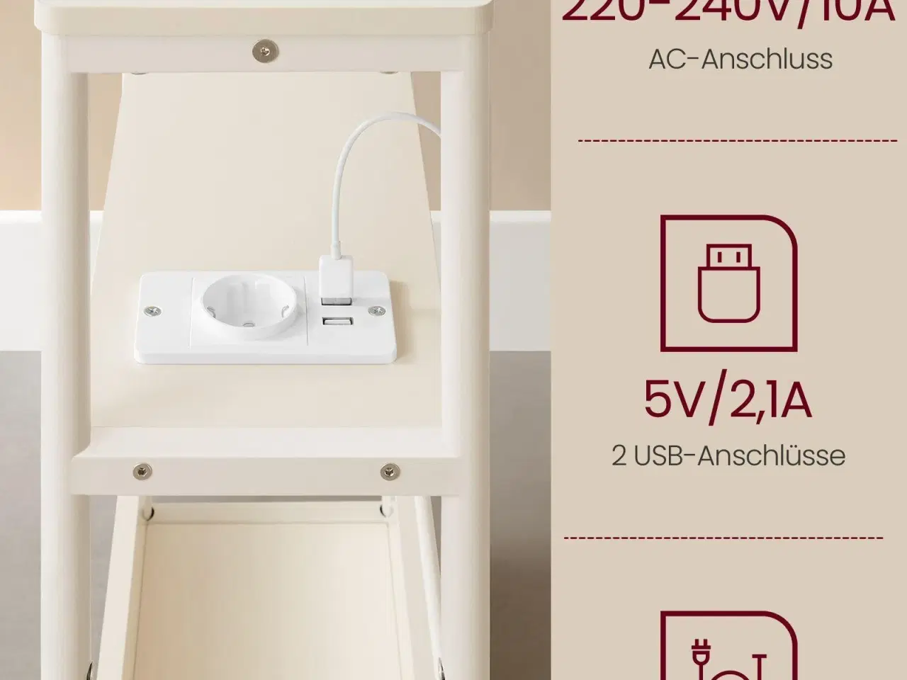 Billede 4 - Smalt sidebord med strømudtag – VASAGLE, 3 niveauer, magasinholder, cremehvid LET335W02