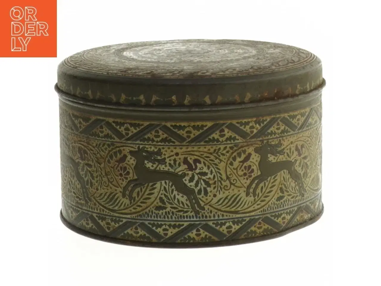 Billede 1 - Dekorativ rund metalbeholder (str. Ø. 14,5 cm. længde. 9 cm)