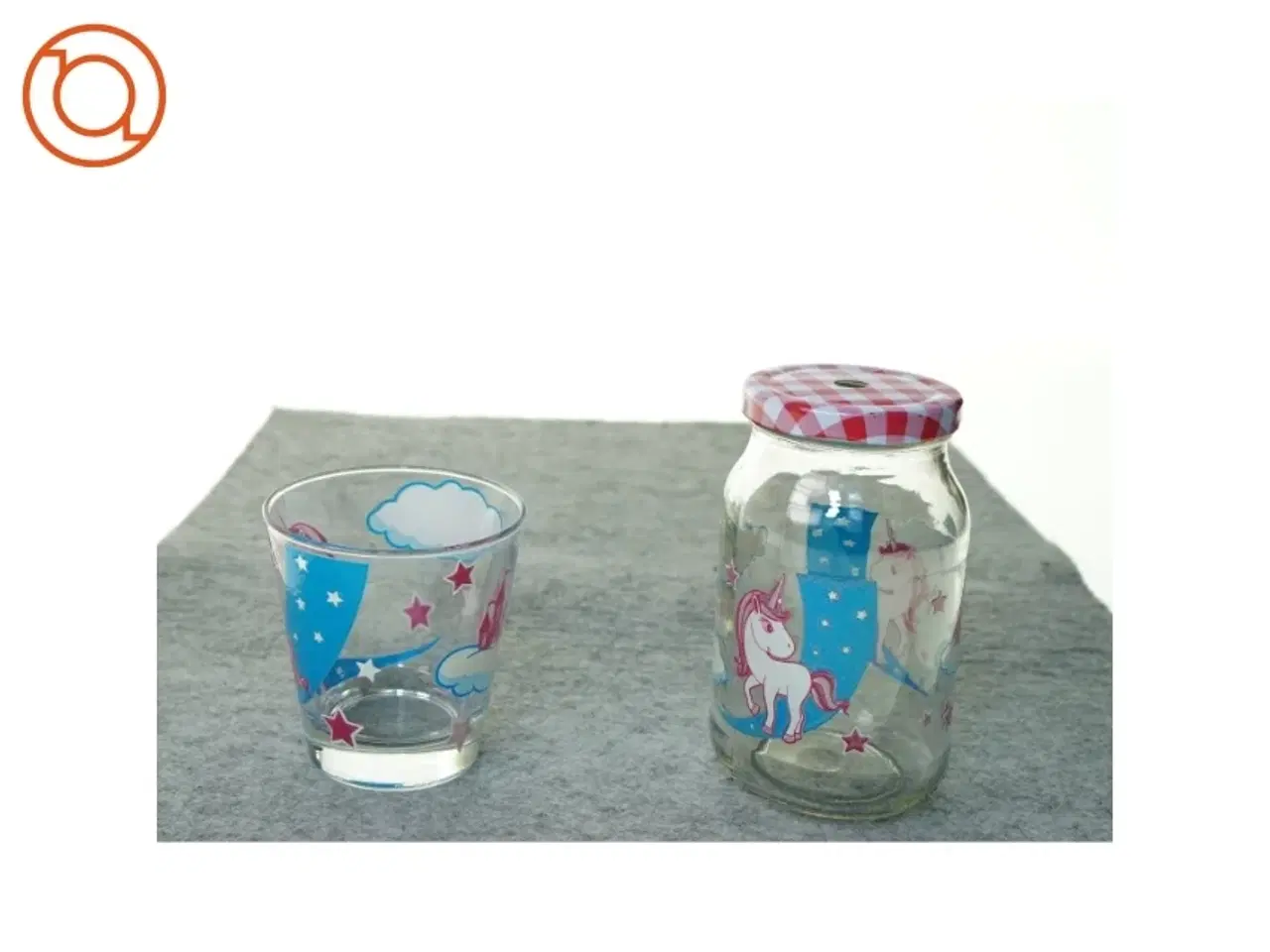 Billede 1 - Små glas med enhjørninge (1 drikke glas + 1 til sugerør) fra Cerve (str. 9 x 9 cm 13 x 7 cm)
