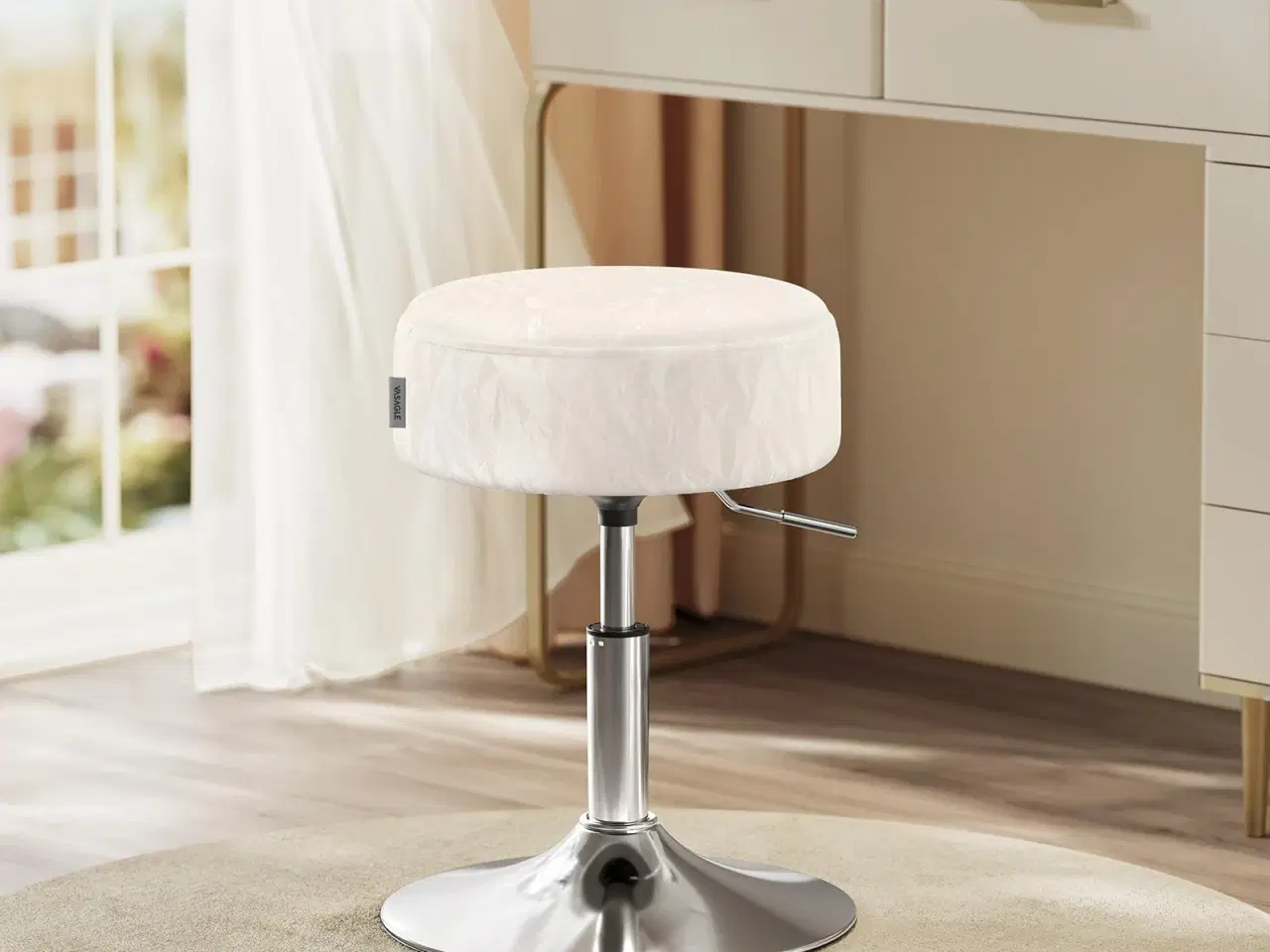 Billede 2 - Højdejusterbar make-up skammel – 360° drejbar taburet i cremehvid PU med tyk pude, moderne