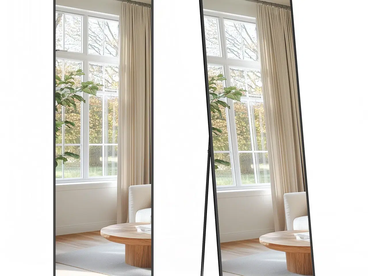 Billede 1 - Fuldfigurs gulvspejl 150 × 40 cm med ståstativ – rektangulært spejl i hærdet glas, aluminiumsramme, blæksort