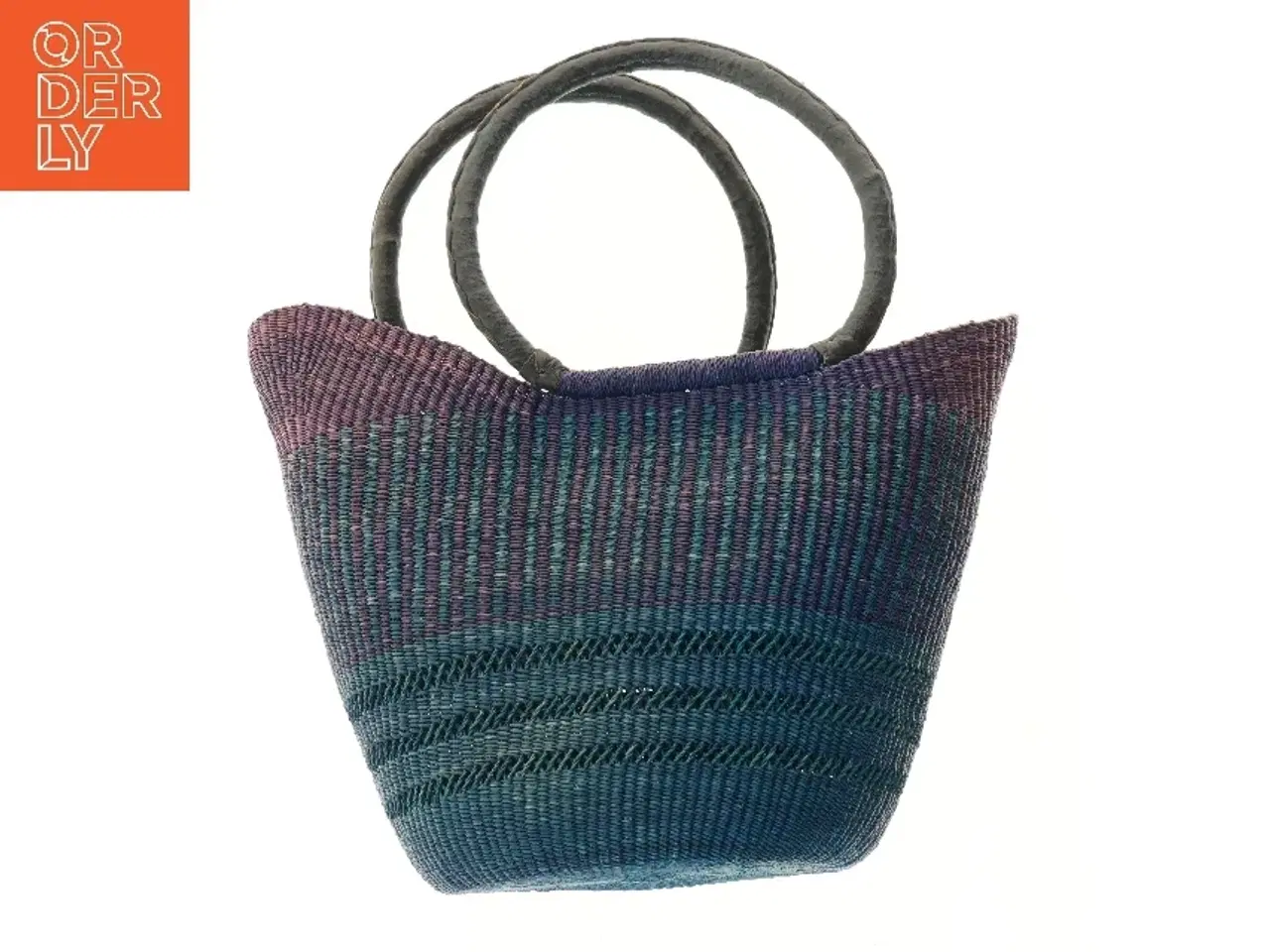 Billede 2 - Farvestrålende flettet kurv med læder håndtag (str. 36x51 cm)