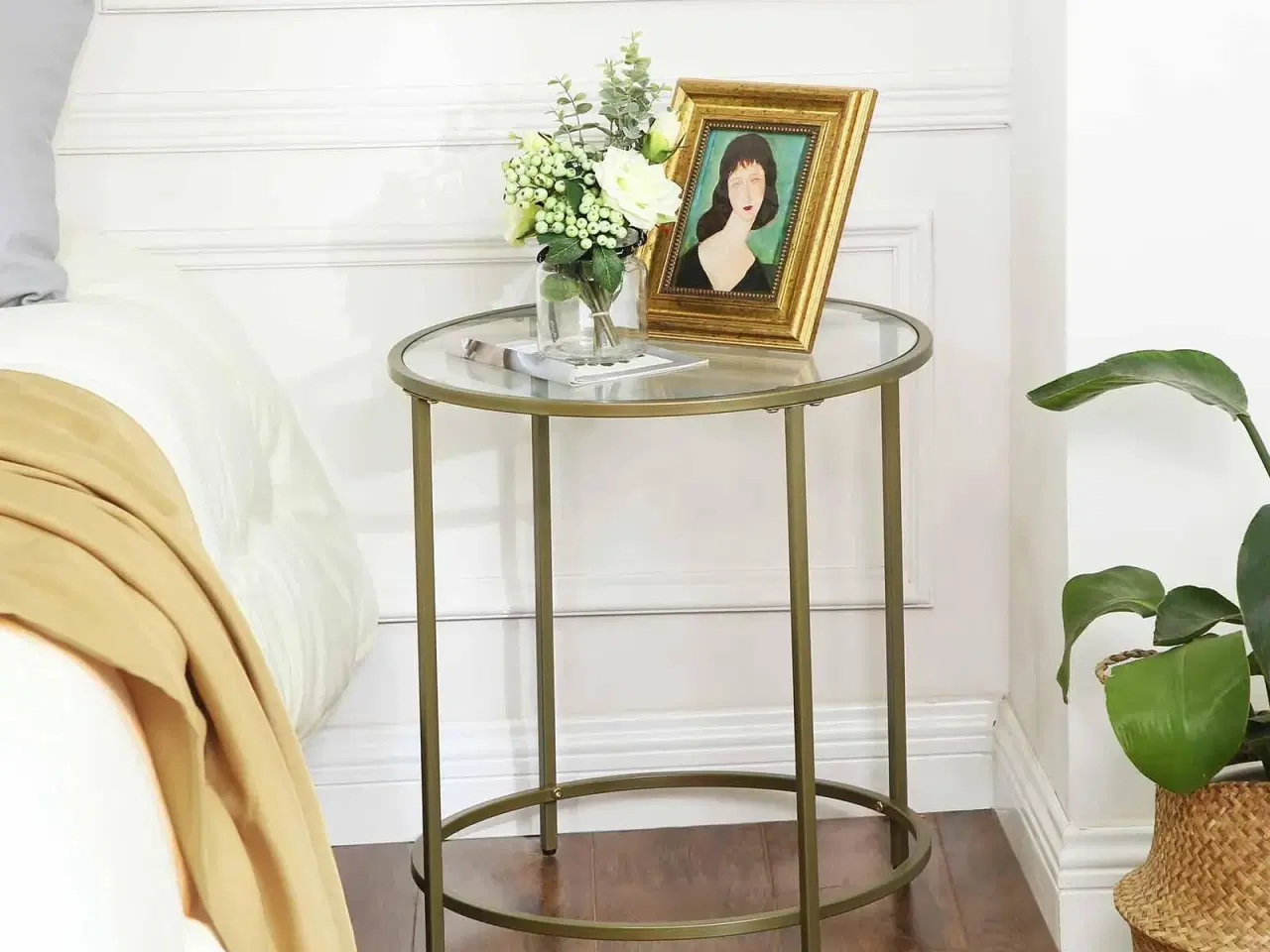 Billede 3 - Sidebord rundt hærdet glas og gylden metalramme, lille sofabord/natbord, guld LGT20G (Ø 50 × H 55 cm)