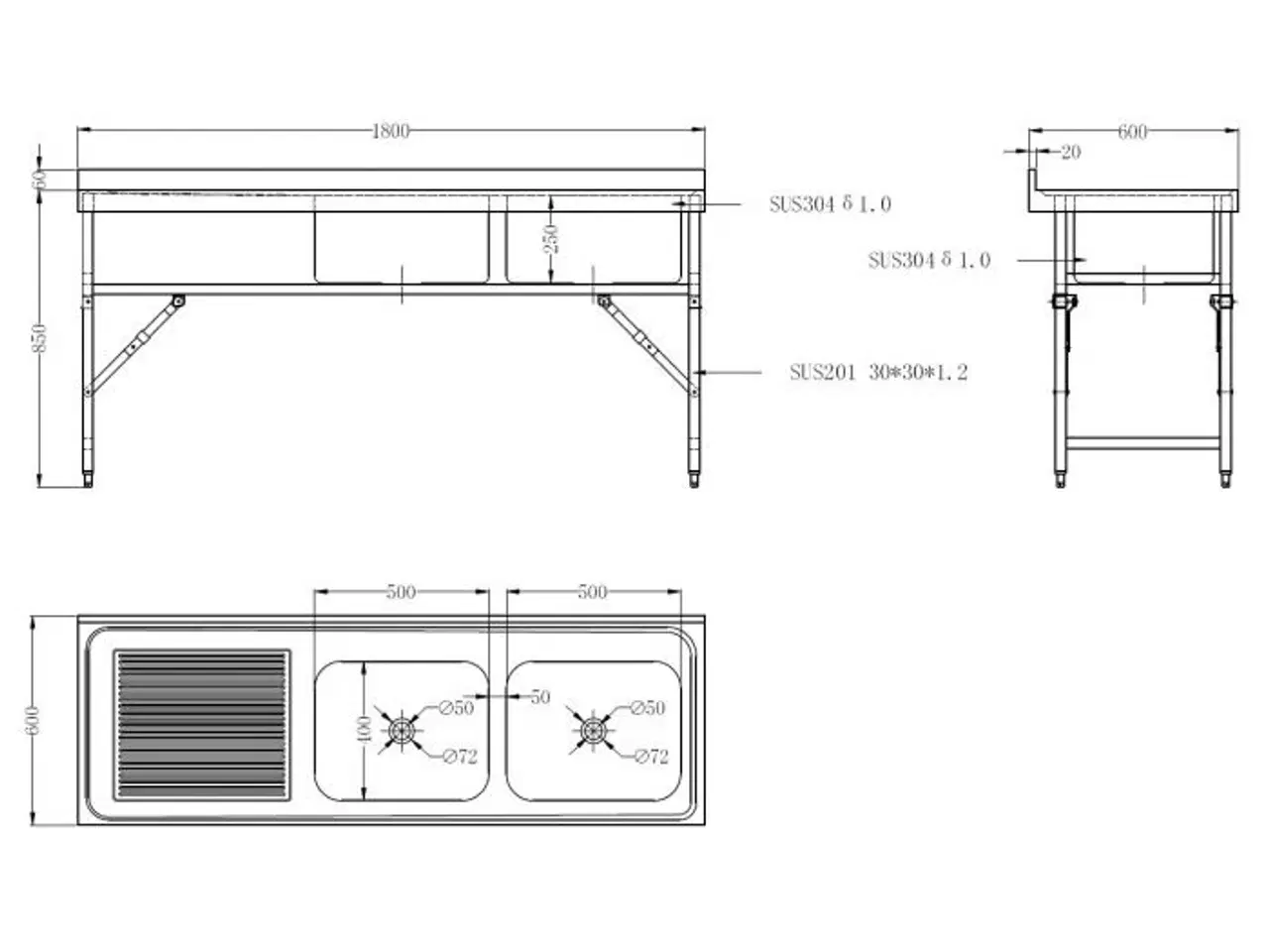 Billede 2 - Stålbord med vask – foldebar – 180x60x91 cm