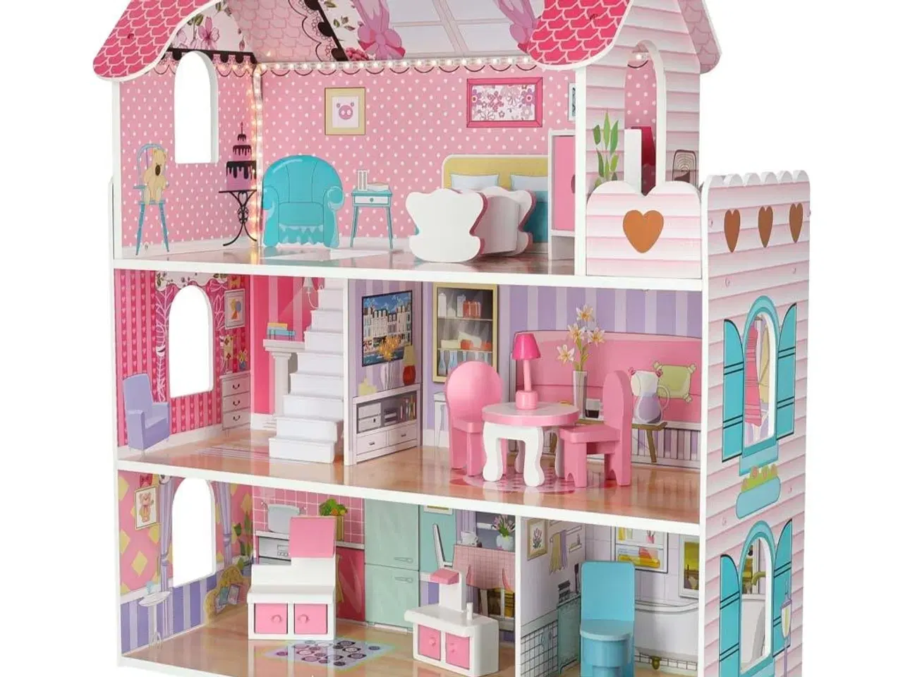 Billede 6 - Dukkehus i træ med møbler 70 cm – pink med LED