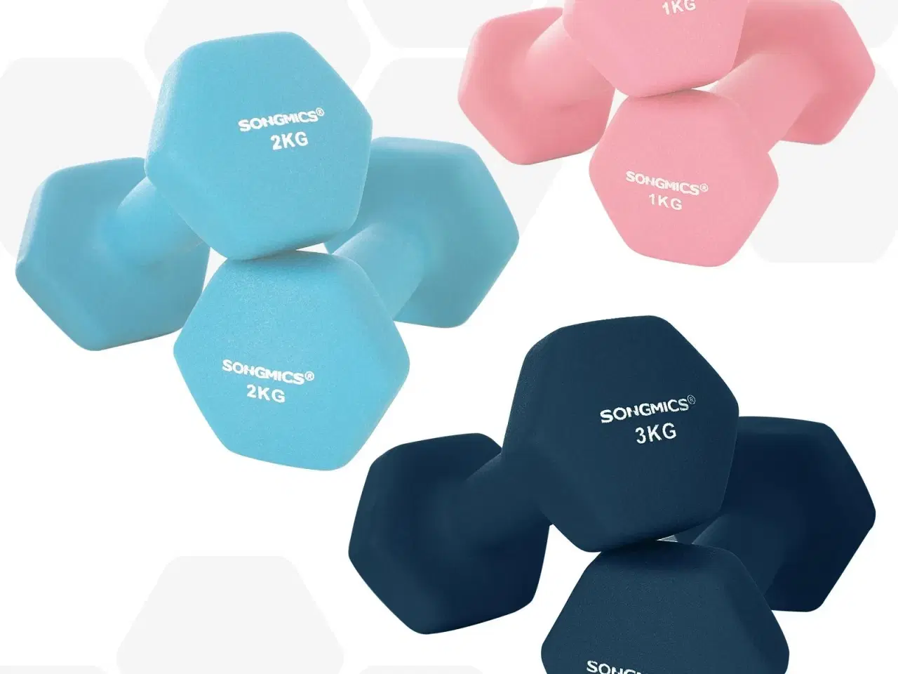 Billede 4 - Håndvægtsæt med stativ – SONGMICS hex håndvægte 2×1 kg, 2×2 kg, 2×3 kg, neopren, pink/aqua/blå