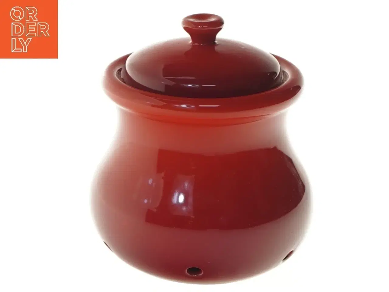 Billede 1 - Rød keramisk krukke med låg fra Cook & Baker til bl.a hvidløg (str. 10 cm)