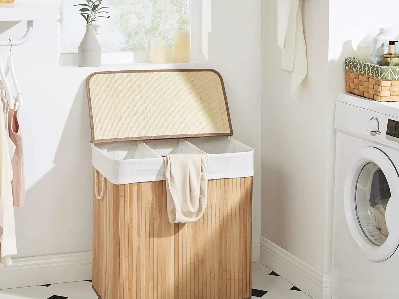 Billede 2 - Vasketøjskurv med låg 3 rum, 150 l, sammenklappelig, natur