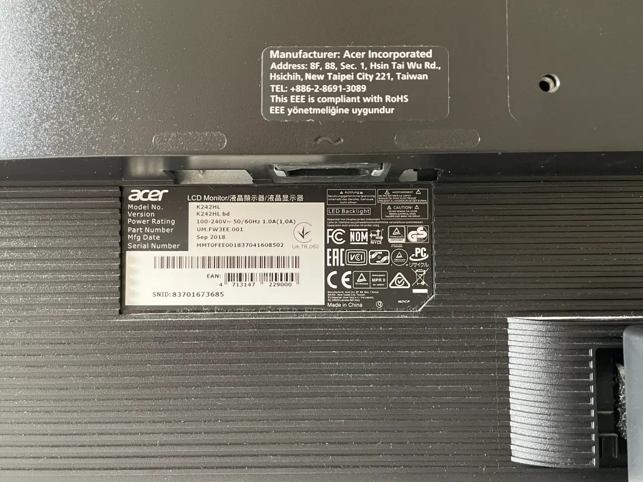 Billede 2 - Acer K242HL skærm