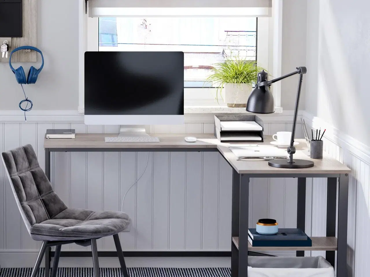 Billede 4 - Skrivebord i L‑form hjørneskrivebord med hylder, industrielt, greige/sort