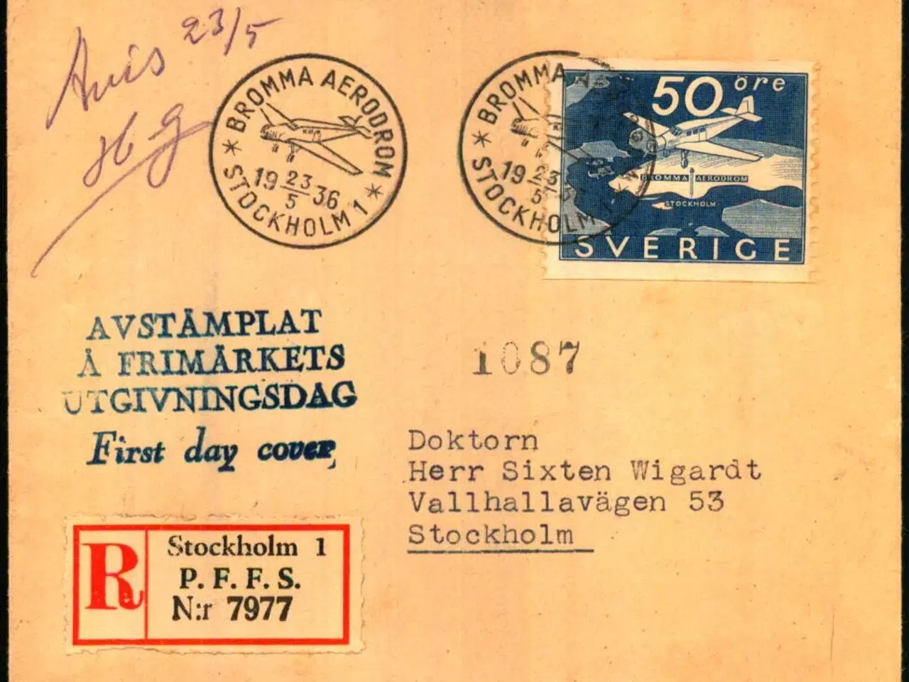 Billede 1 - Luftpost Rekommanderet Brev til Stockholm - 23 - 5 - 1936