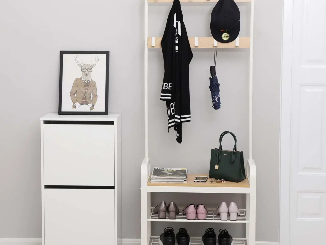 Billede 4 - Tøjstativ med bænk og skohylder 4-i-1, 72 × 33,7 × 183 cm, eg/creme, 9 aftagelige kroge og bøjlestang