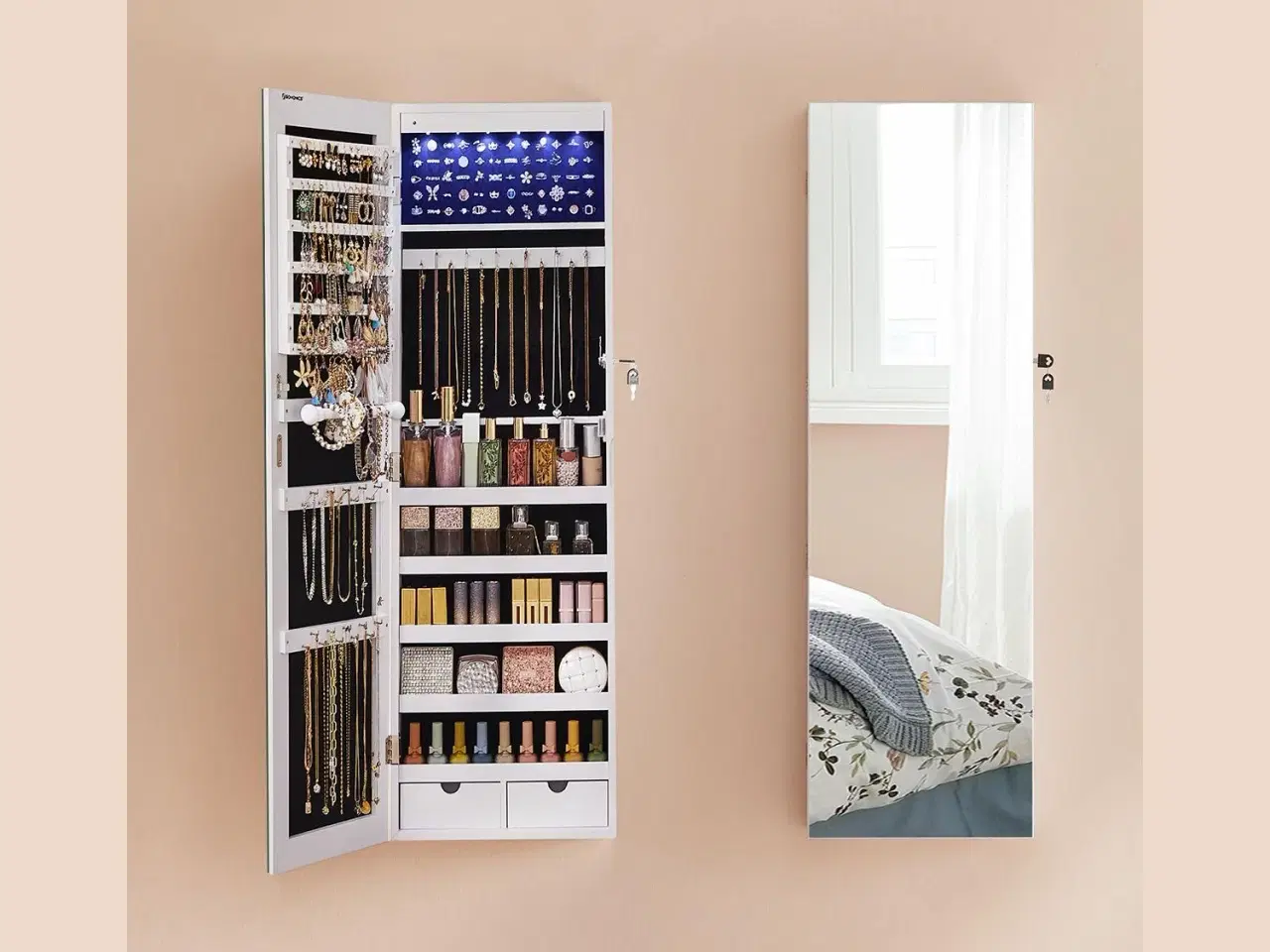 Billede 5 - Spejlskab til smykker med lys – rammeløst vægspejl/ dørophæng, stor kapacitet, hvid (JJC99WT)
