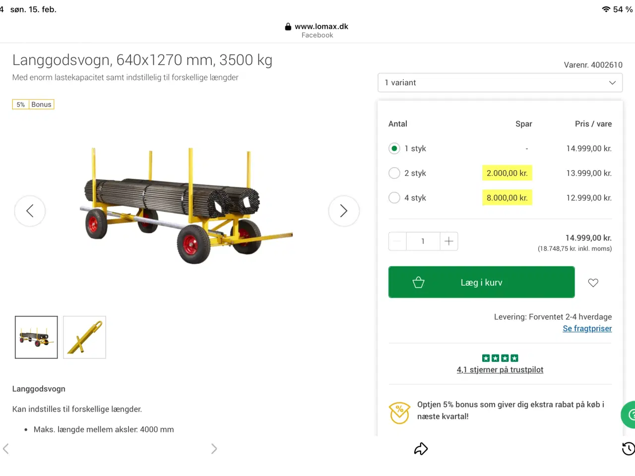 Billede 1 - 3500 kg Pladsvogn