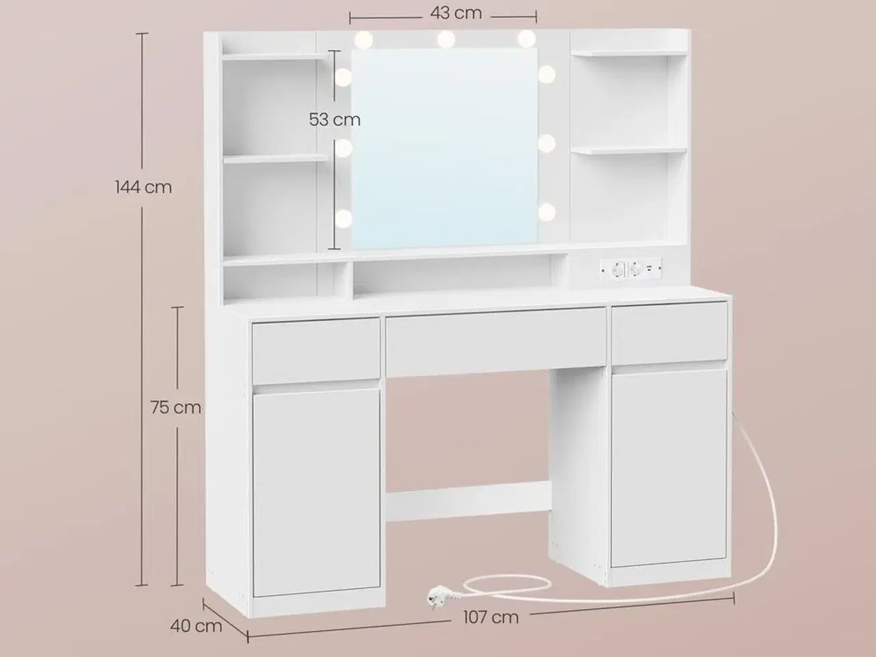 Billede 4 - Makeupbord med spejl og LED – Kailyn, 2 skabe, 3 skuffer, 5 hylder, 9 dæmpbare pærer, skydebeslag uden værktøj – cloud hvid