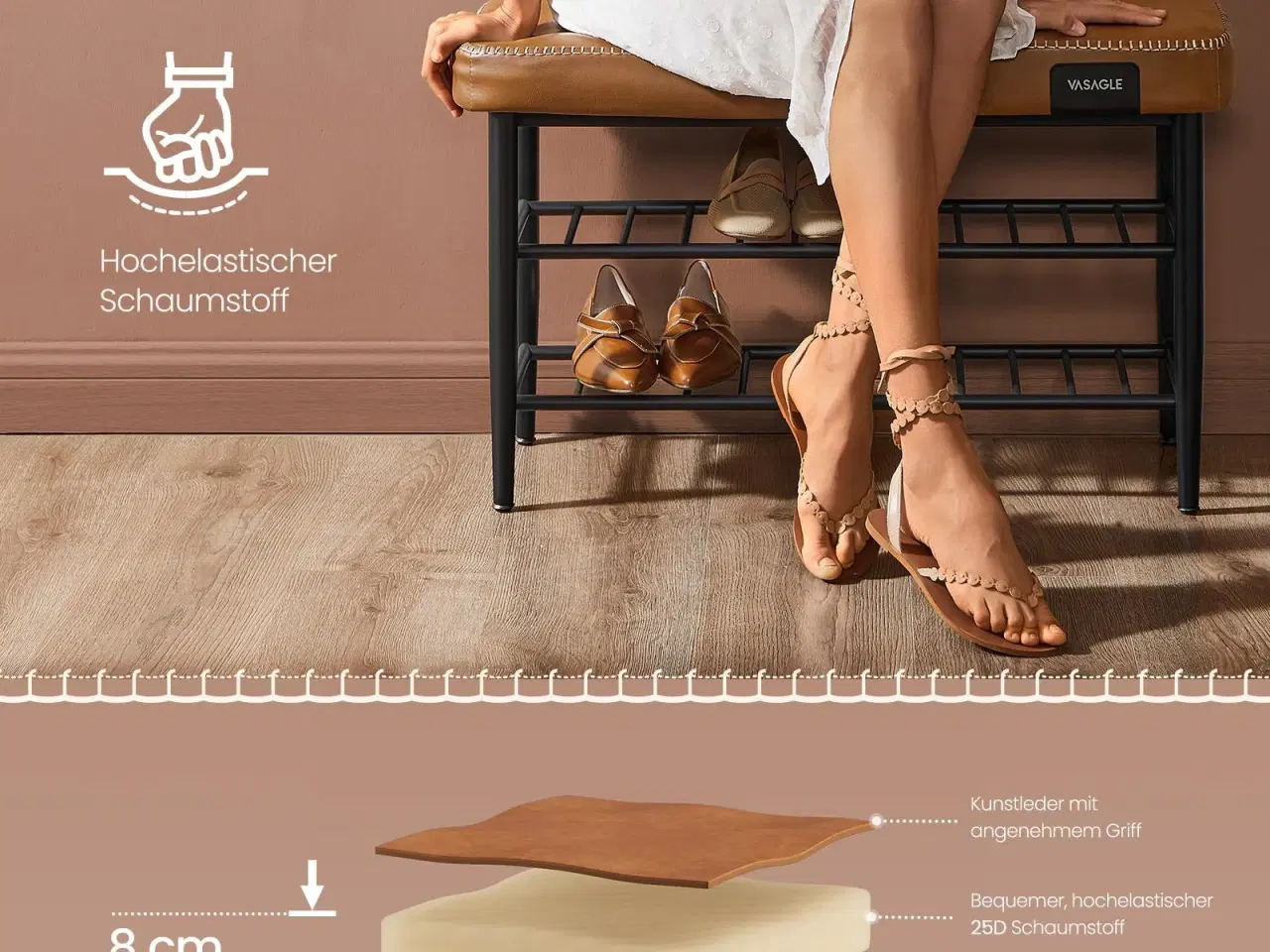 Billede 6 - Skobænk med opbevaring EKHO, kunstlæder, 30 × 80 × 50 cm, karamel