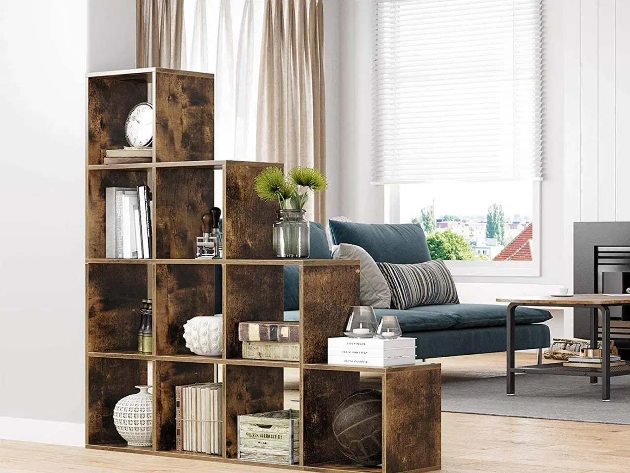 Billede 3 - Bogreol kuber 10-rums rumdeler, fritstående, rustik brun 129,5 × 29 × 129,5 cm