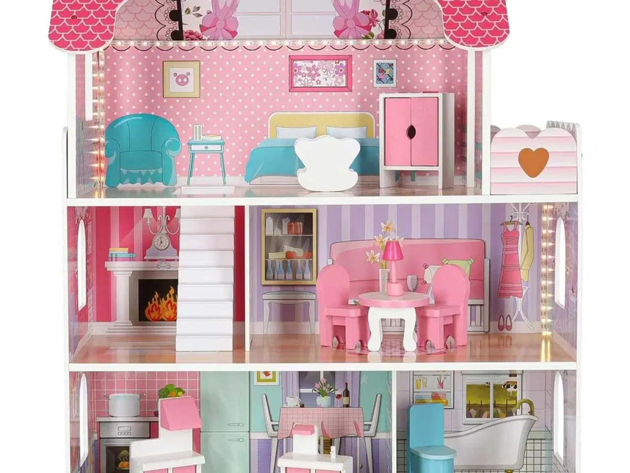 Billede 5 - Dukkehus i træ med møbler 70 cm – pink med LED