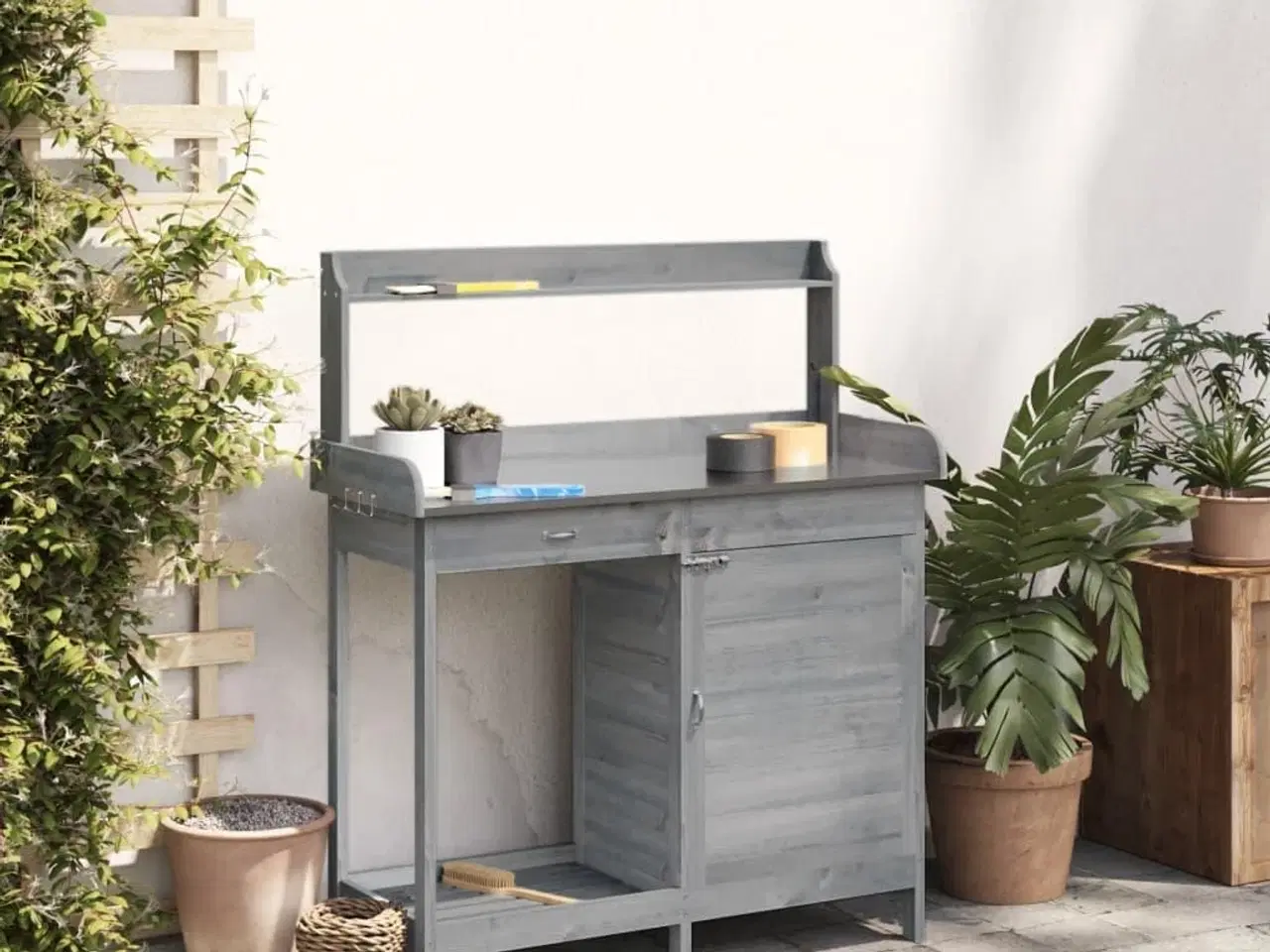 Billede 3 - Pottebænk med skab 110,5x45x124,5 cm massivt grantræ grå