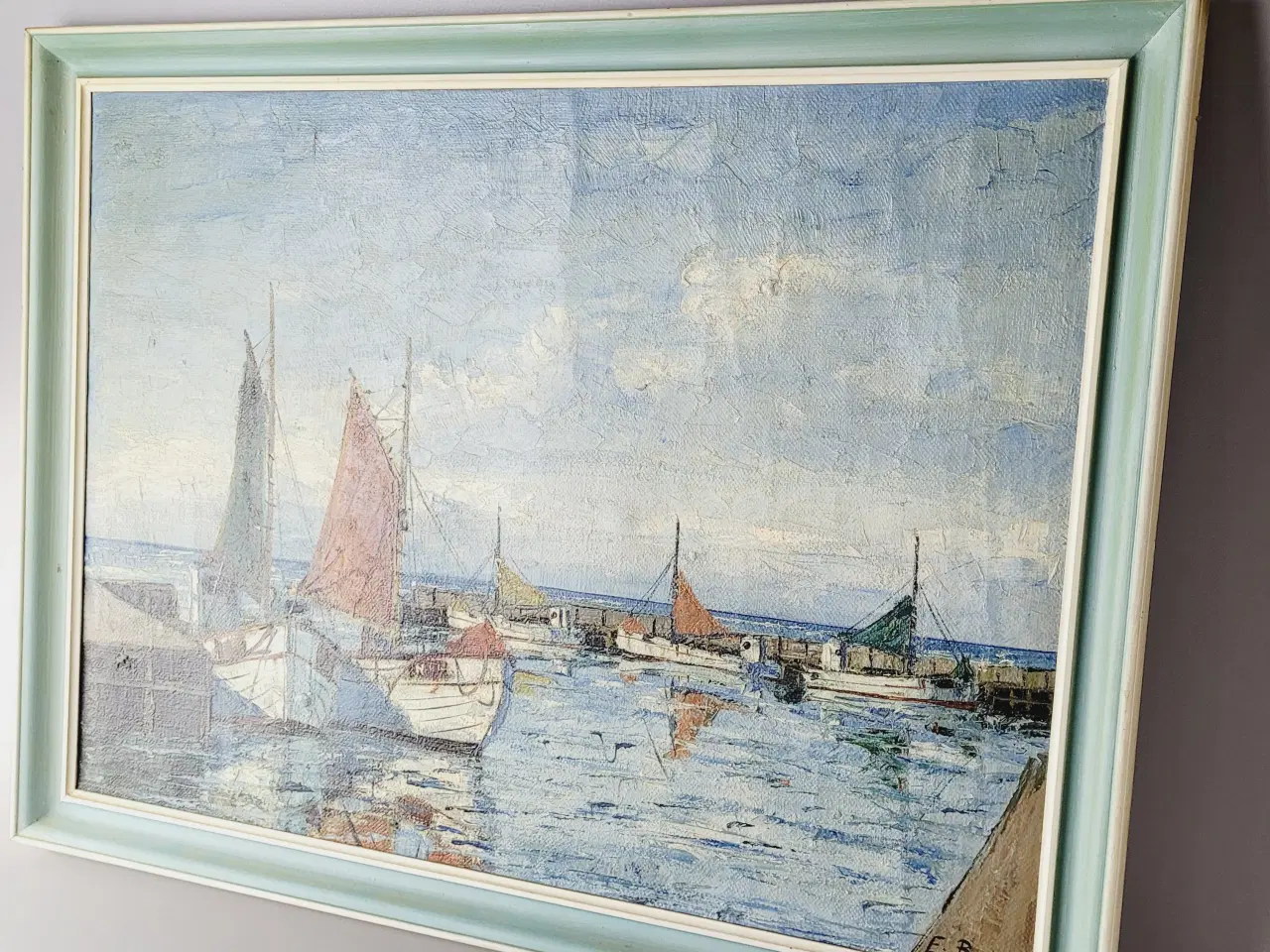 Billede 2 - ⛵ Charmerende Oliemaleri - Emil Brehm – Havnemotiv