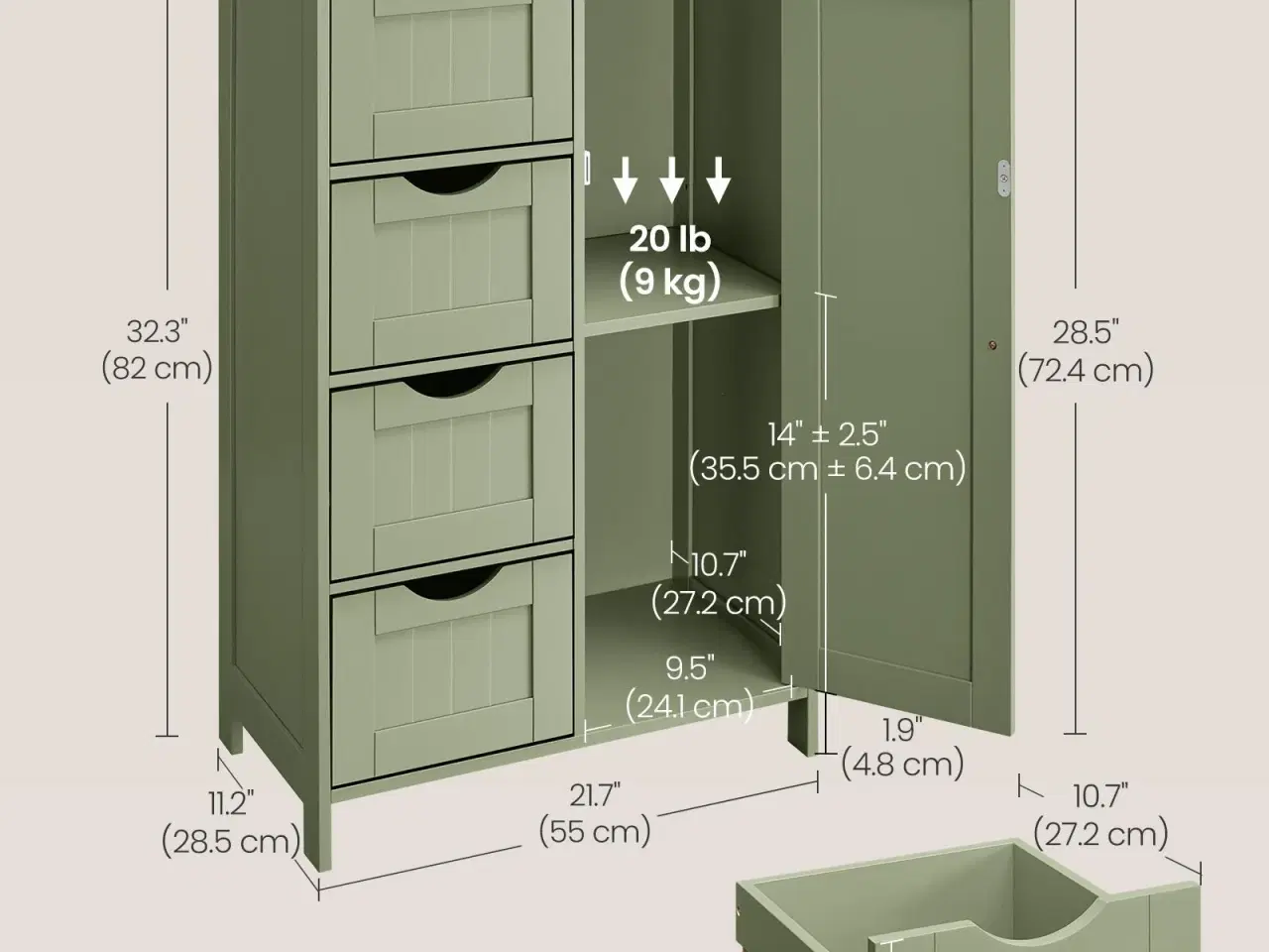 Billede 6 - Badeværelsesskab med 4 skuffer og dør – fritstående opbevaringsskab, justerbar hylde, 30 × 55 × 82 cm, laurbærgrøn