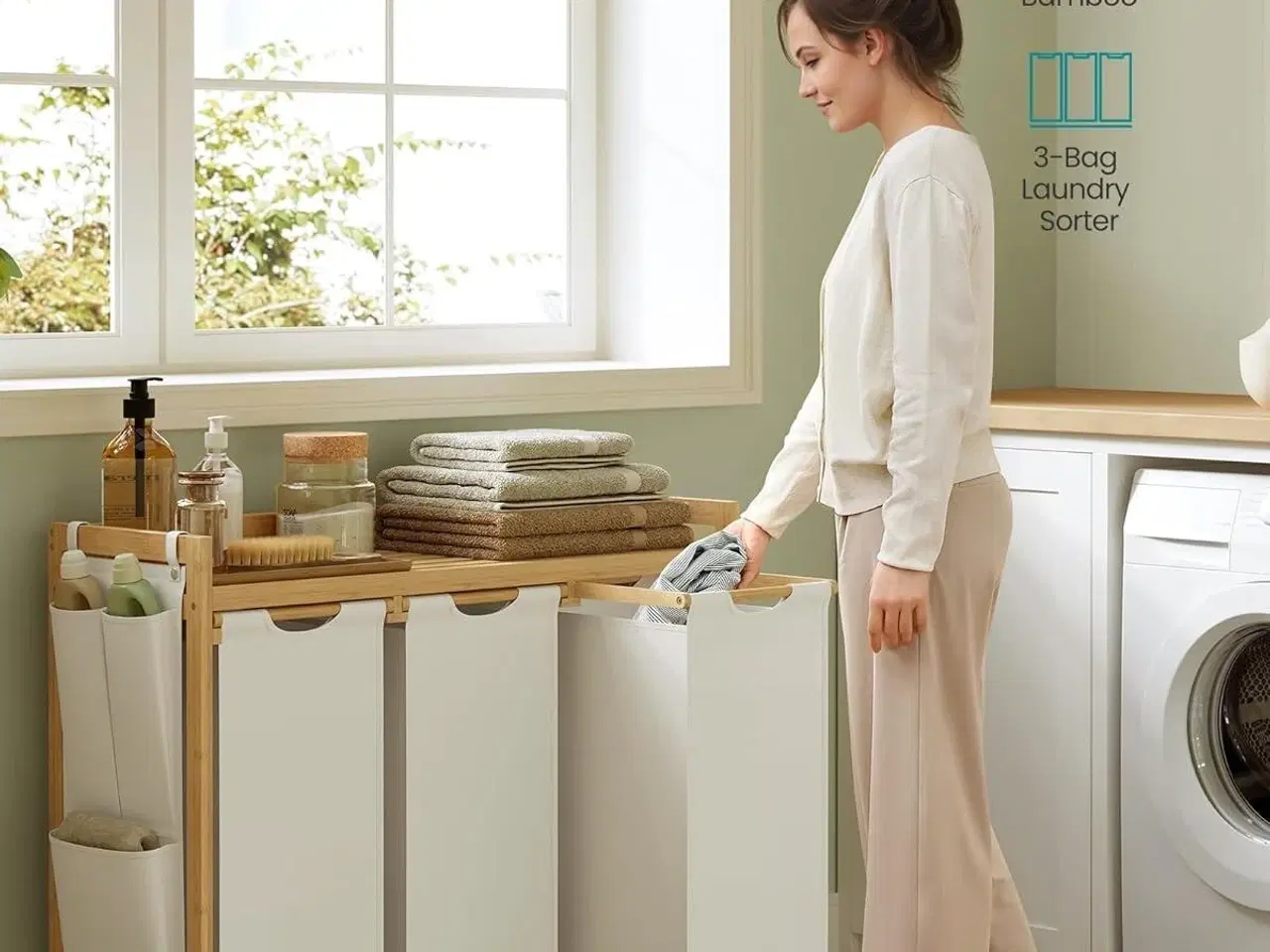 Billede 4 - Vasketøjssorterer med 3 rum, hylde og sidelommer – 150 l, cremehvid (94 × 33 × 78 cm)