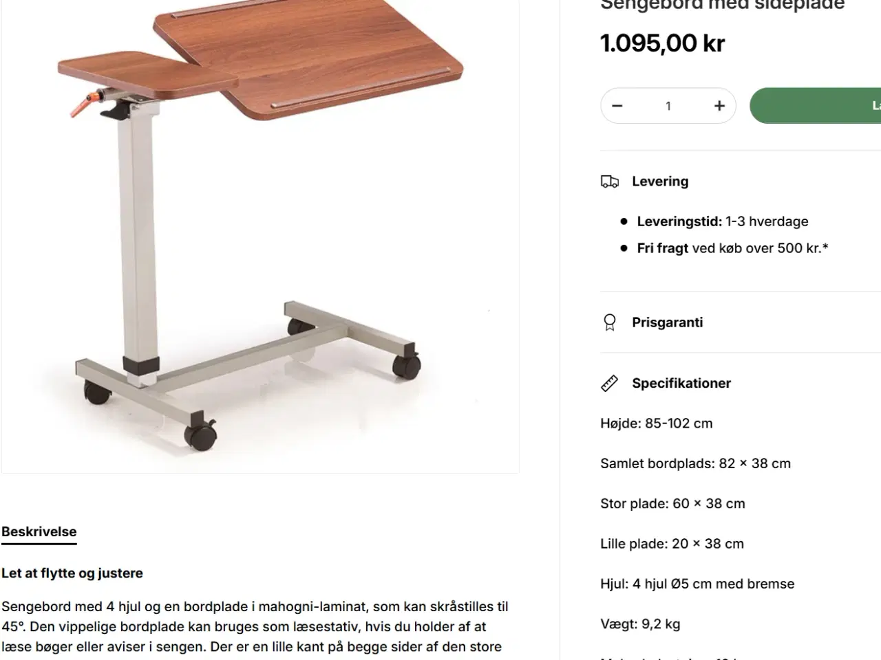 Billede 4 - Sengebord med sideplade. Vippe/ og fast plade