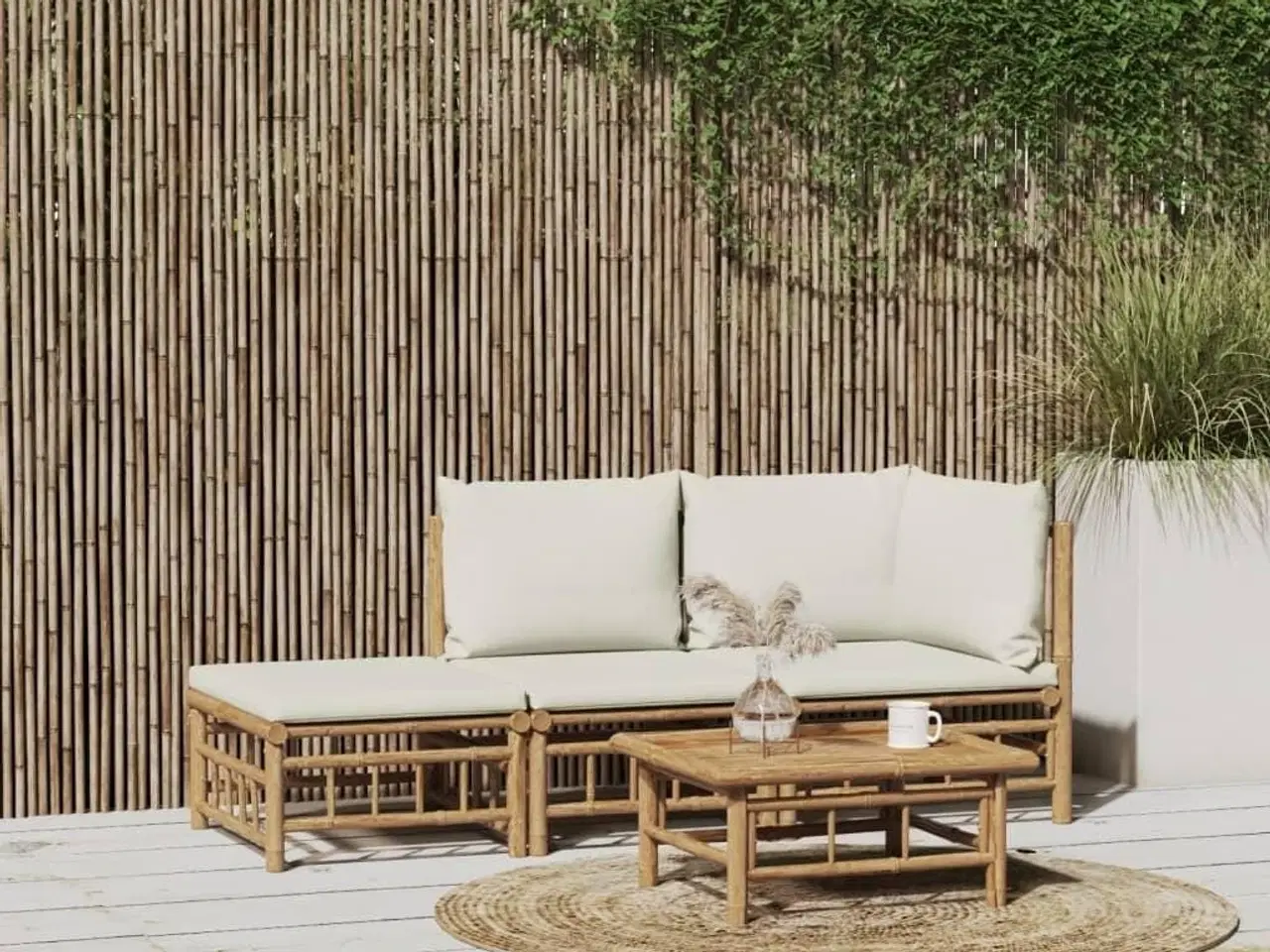 Billede 1 - Loungesæt til haven 3 dele med cremehvide hynder bambus