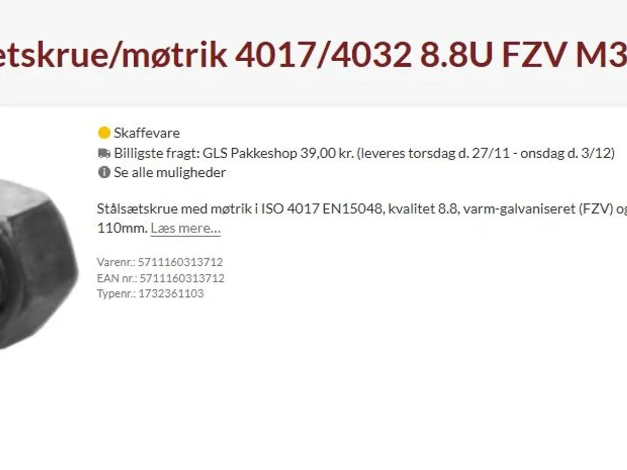 Billede 1 - M36 bolter kv.8.8 varm-galvaniseret(FZV)-CE