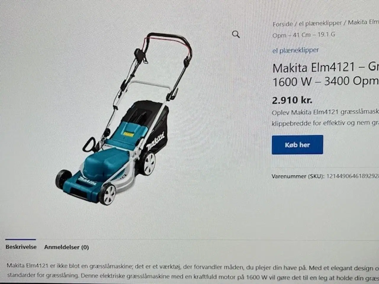 Billede 1 - Makita ELM 4121 1600 Watt  elektrisk Plæneklipper