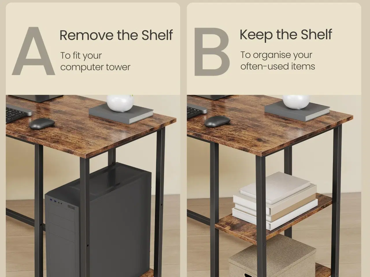 Billede 5 - L-formet hjørneskrivebord 130 × 130 × 76 cm med 2 hylder – rustik brun/sort