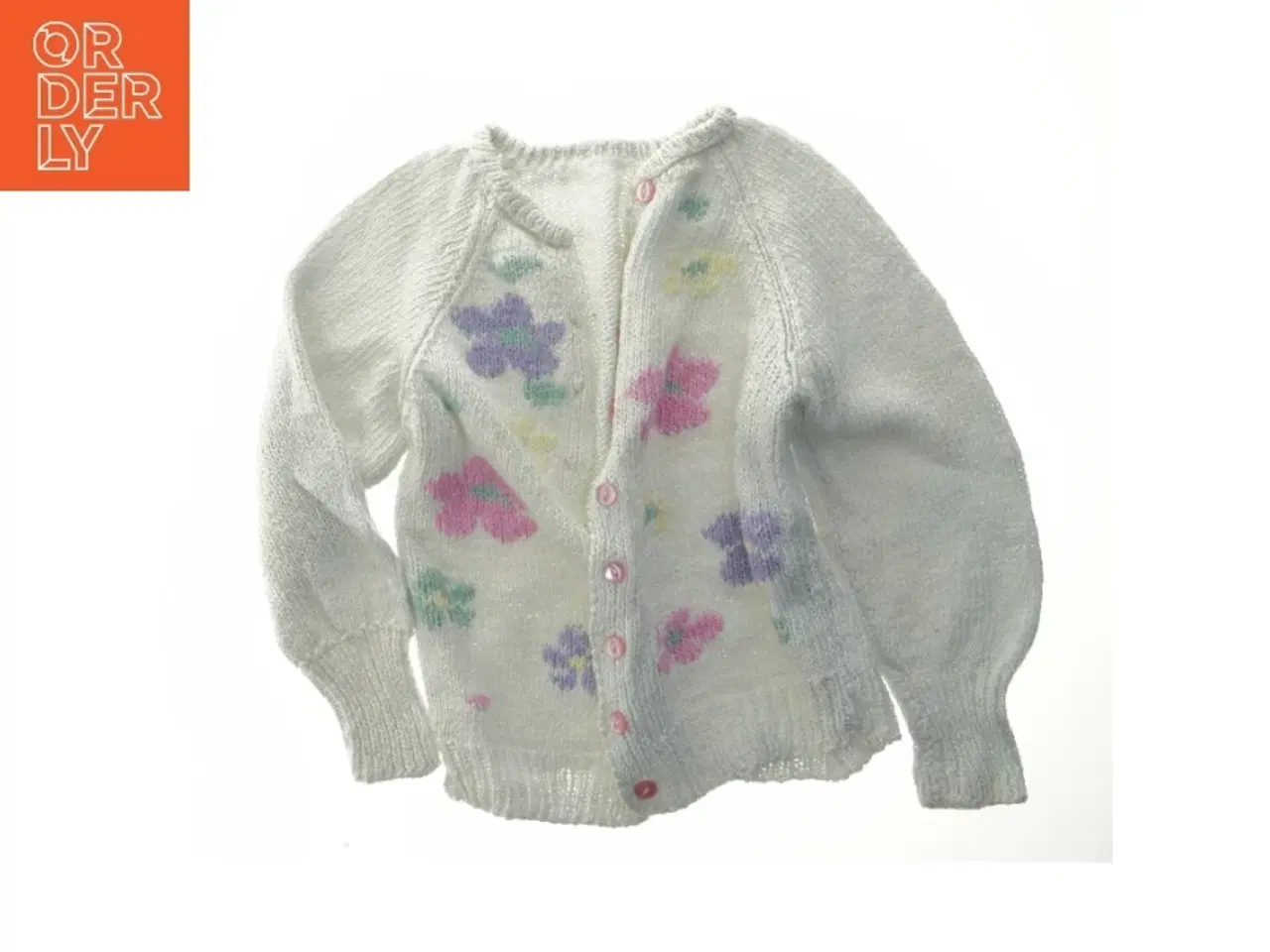 Billede 1 - HåndStrikket cardigan med blomster (str. Bryst. 40 cm. længde. 42 cm)