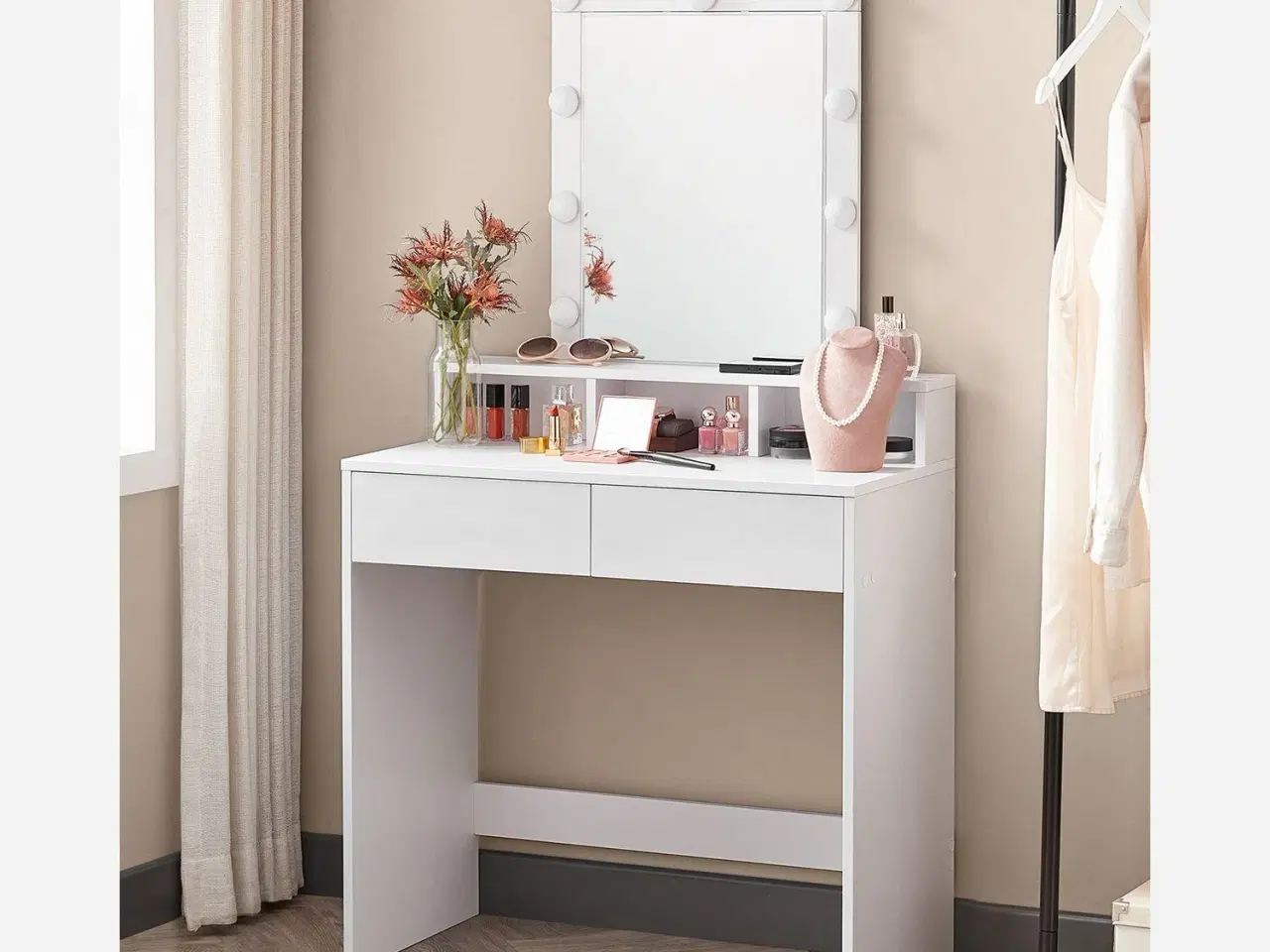 Billede 2 - Toiletbord med spejl og lys 2 skuffer, 3 åbne rum, hvid