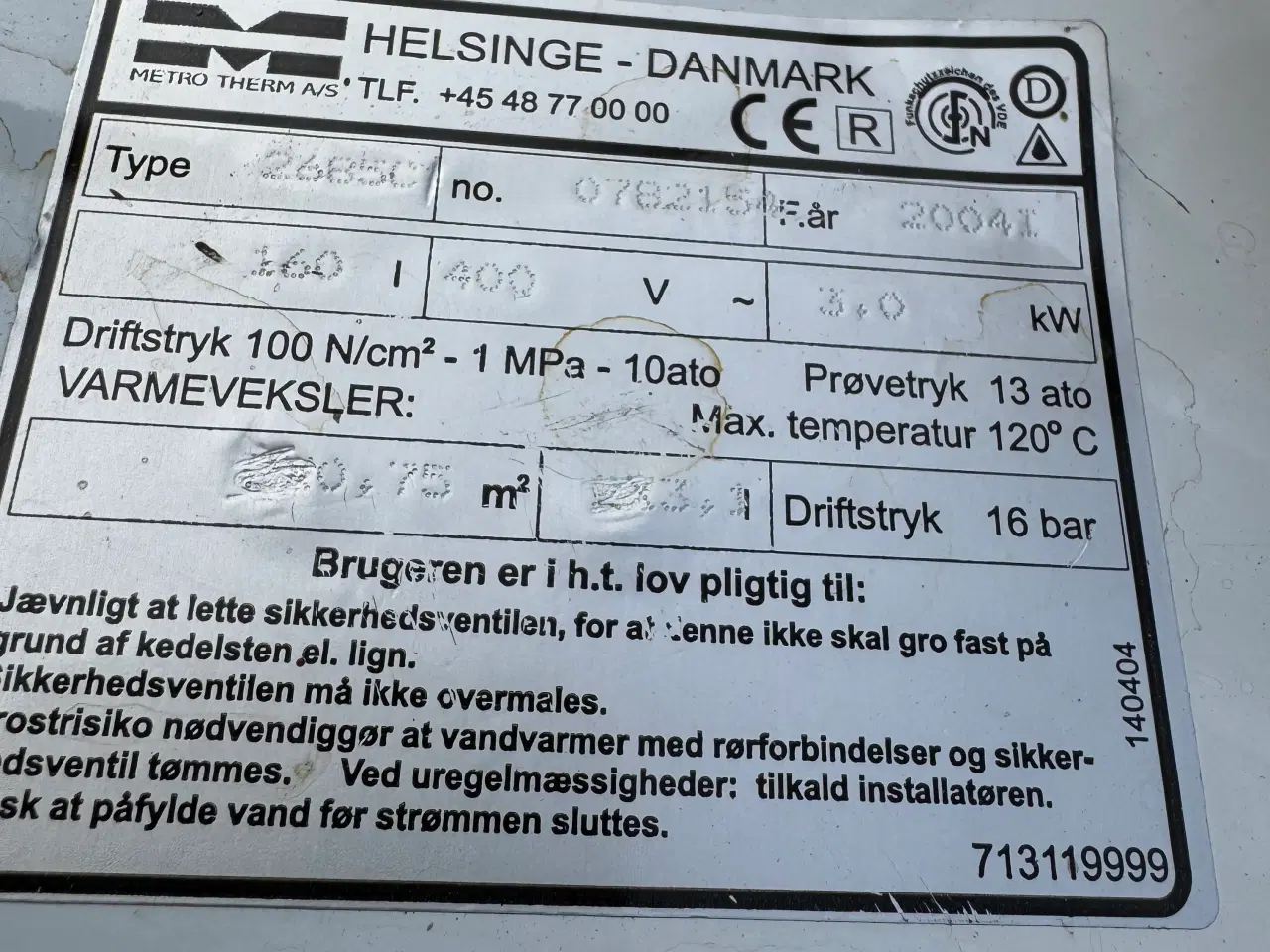 Billede 2 - Metro Them 165l vandvarmer med El-patron. 220/380V