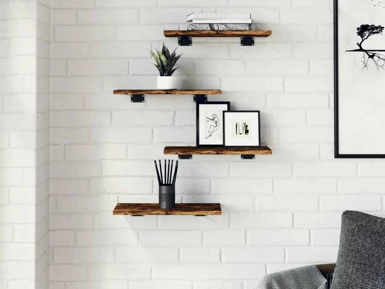 Billede 3 - Væghylder 4 stk. 40x20x1,5 cm konstrueret træ røget egetræ