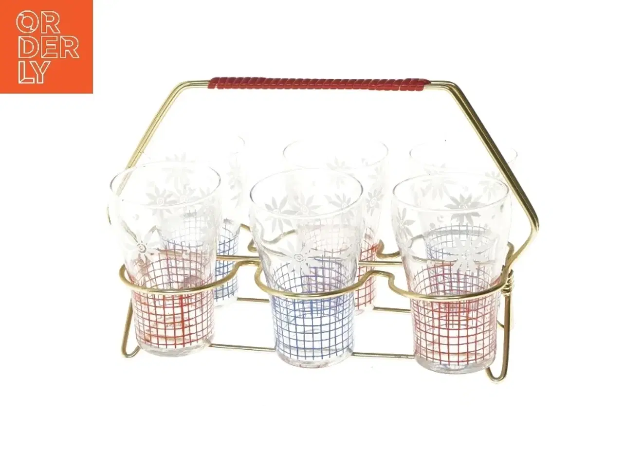 Billede 1 - Sæt med seks dekorerede glas og holder (str. 6 stkØ 6,5 cm længde 10 cm)