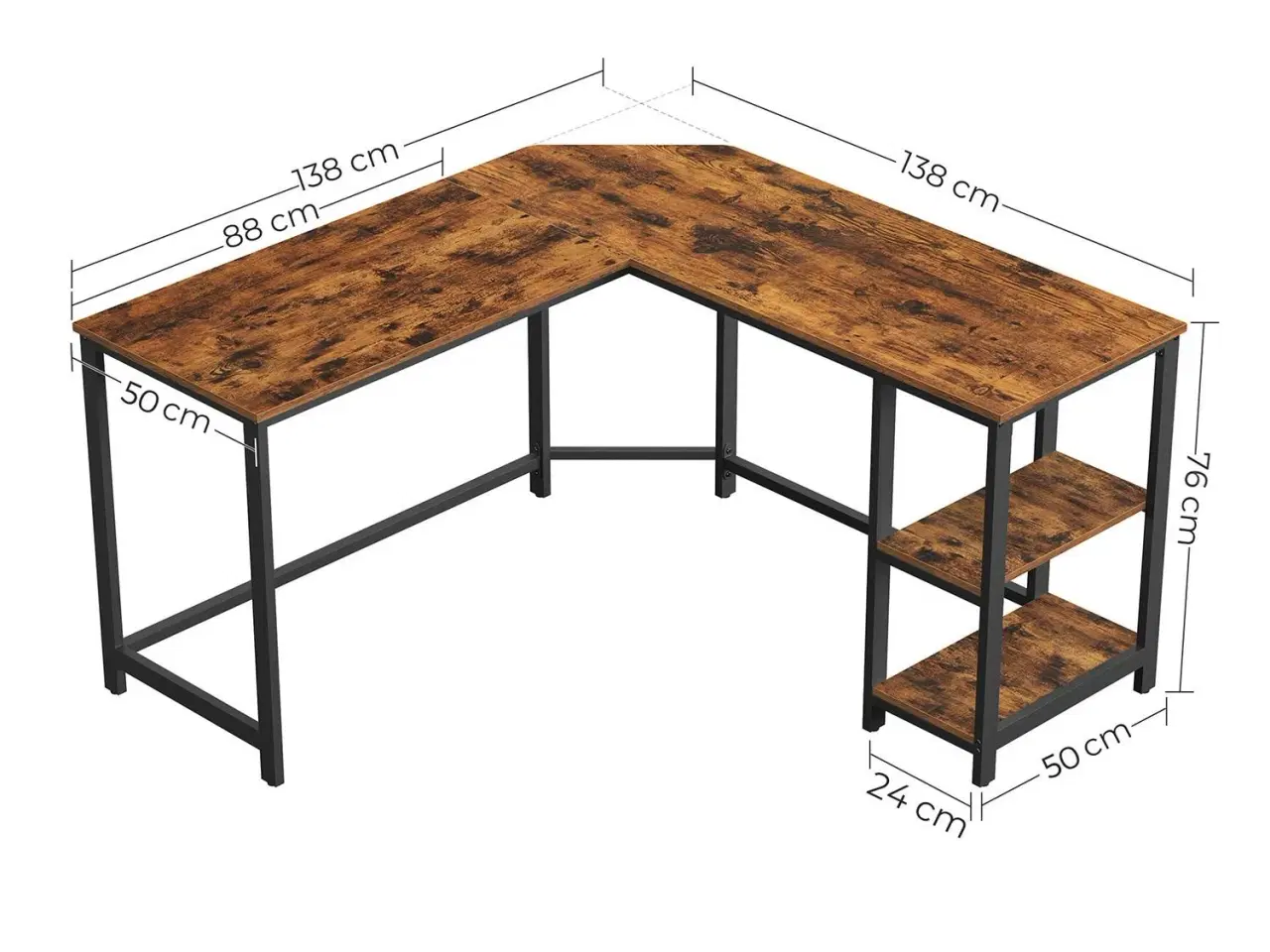 Billede 6 - Skrivebord i L‑form hjørneskrivebord med hylder, industriel rustik brun/sort